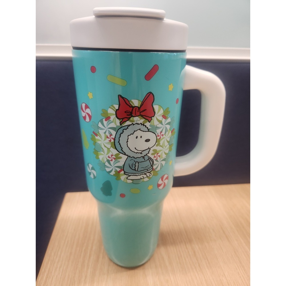 Zak Snoopy Christmas Insulated Travel Tumbler Turquoise White With Handle Lid